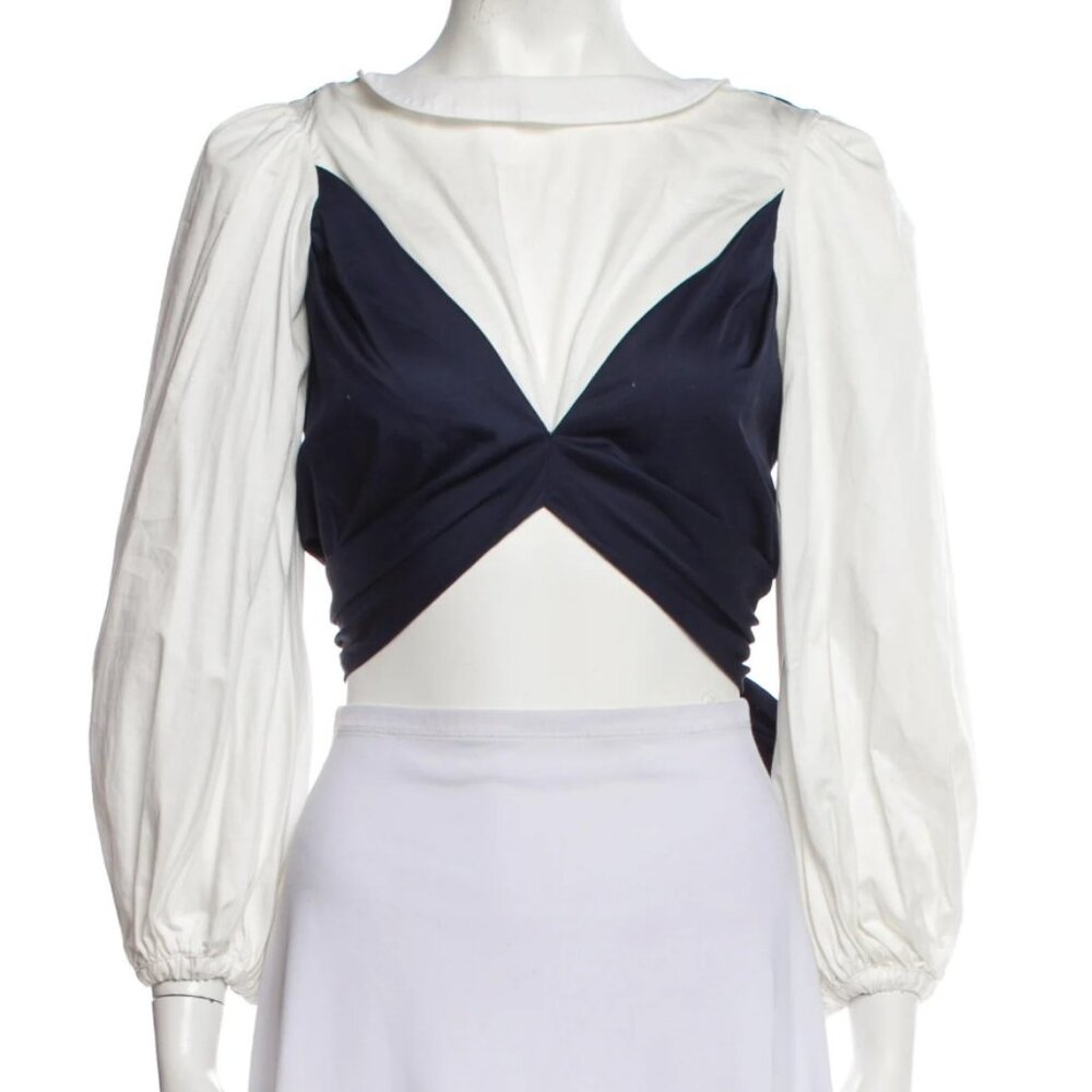 Johanna Ortiz Blue and White Cropped Backless Blouse | Size XS, US 0